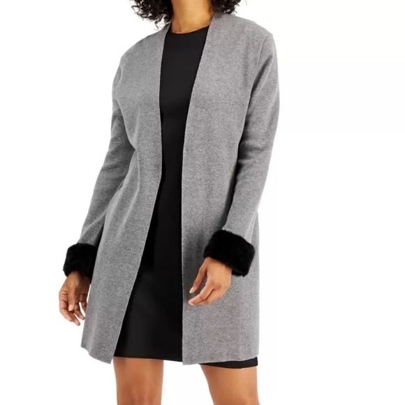 KASPER Faux-Fur-Cuff Open-Front Cardigan Size Medium in Gray and Black NWT - Picture 1 of 9